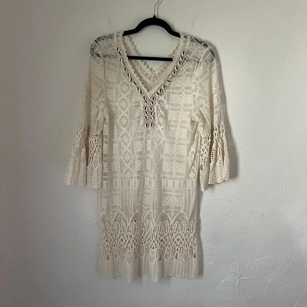 Miho's Italy Lace Crochet Cover Up Tunic Dress Shell Beaded Vacation Euro Summer